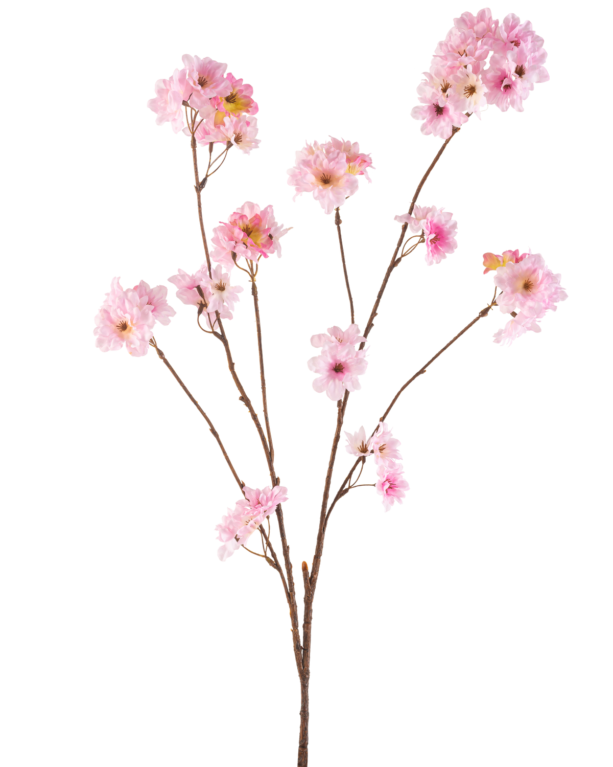 De Kunstbloem Kersenbloesem 114 cm roze heeft meerdere slanke bruine stelen met trosjes zachtroze kersenbloesembloemen tegen een effen witte achtergrond.