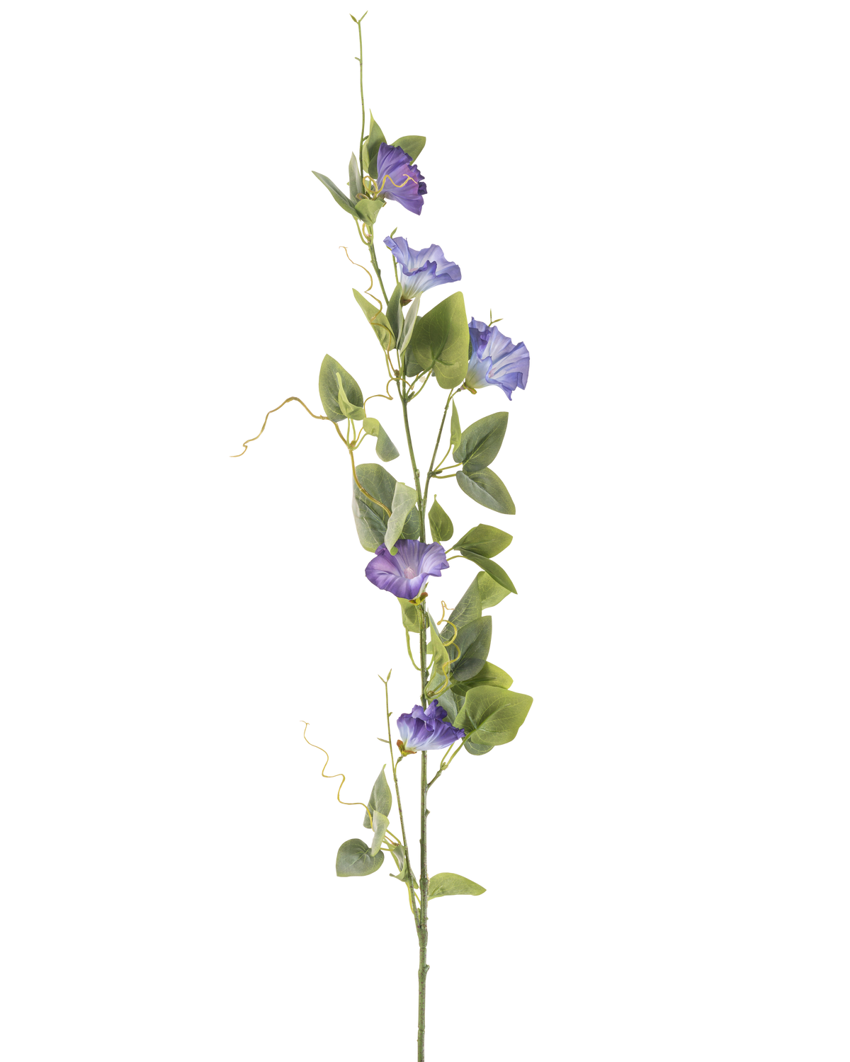 De Kunstbloem Winde 122 cm paars heeft een lange groene steel met verschillende groene bladeren en paarse, trompetvormige kunstbloemen, verticaal gerangschikt tegen een effen witte achtergrond.