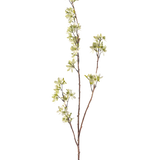 De Kunstbloem Bloemen 102 cm groen is een enkele, slanke bruine tak met verschillende uitlopers en kleine trosjes lichtgroene en witte bloemen tegen een effen witte achtergrond.