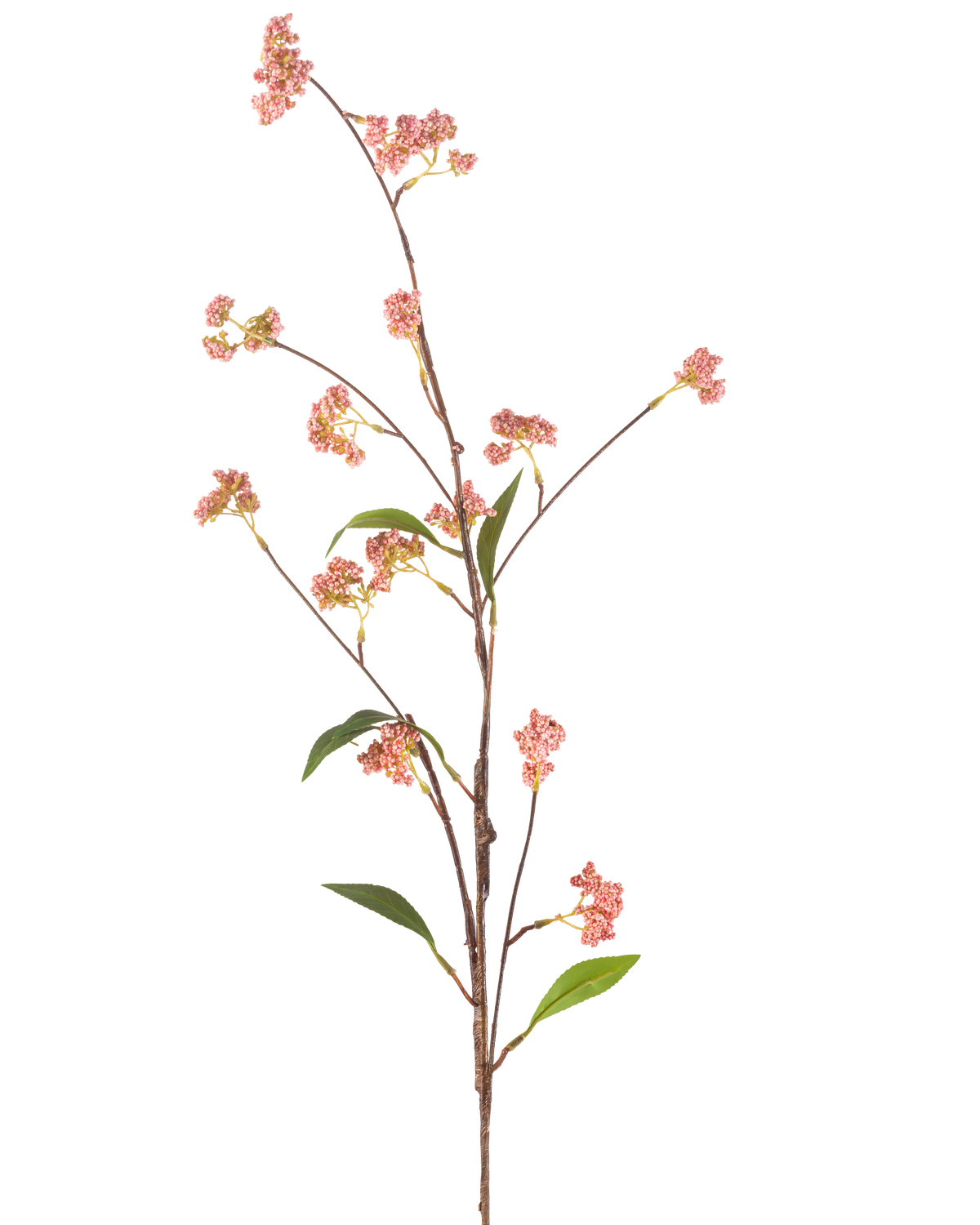 De Kunstbloem Bessen 95 cm roze heeft een lange, dunne steel met een aantal kleine trosjes roze bessen en een paar groene blaadjes, afgebeeld tegen een effen witte achtergrond.