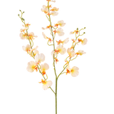 De Kunstbloem Orchidee 98 cm lichtgeel heeft een lange groene steel met meerdere takken en delicate lichtgele orchideeën, elk met een zacht oranje en rood hart, alles tegen een witte achtergrond.