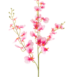 De Kunstbloem Orchidee 98 cm roze heeft een enkele steel met meerdere takken van levendige roze orchidee bloemen, delicate bloemblaadjes en groene knoppen, tegen een effen witte achtergrond.