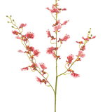 Een enkele rode Kunstbloem Orchidee 98 cm met meerdere takken, elk met trossen levendige bloemen, tegen een effen witte achtergrond.