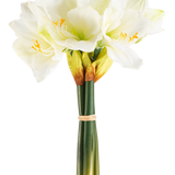 De Kunstbloem Amaryllis Real Touch wit 36 cm heeft levensechte witte amaryllisbloemen met lichtgroene hartjes en gele meeldraden, gebonden met een beige band rond groene stelen, perfect tegen een effen witte achtergrond.