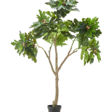 De Kunstplant Ficus Carica vijgenboom 210 cm heeft meerdere takken, weelderige groene bladeren en verschillende onrijpe vijgen tegen een effen witte achtergrond.