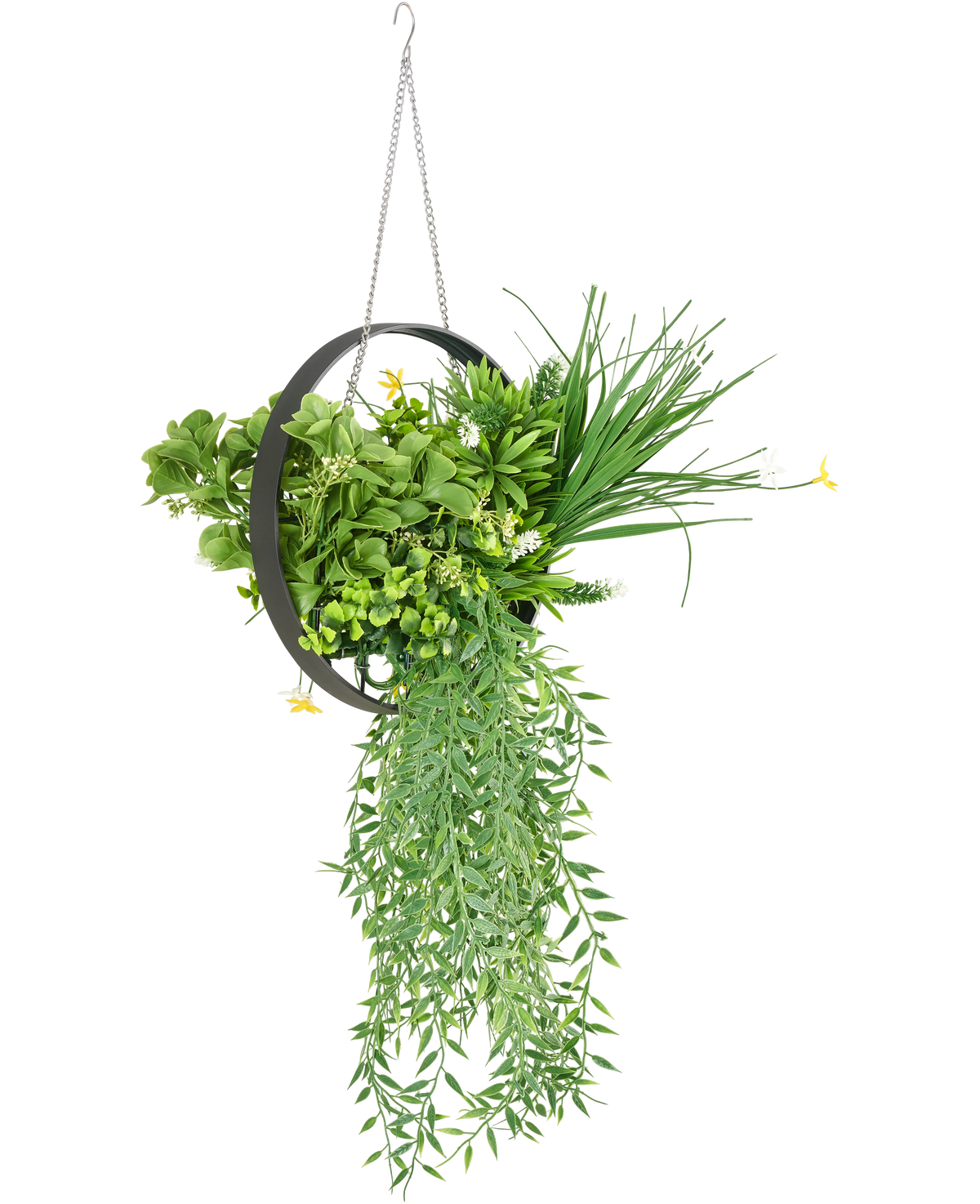 De Kunst hangplant varen UV 30 cm in ring zwart is een hangende ronde metalen plantenbak met weelderig kunstgroen varenblad, slepende bladeren en een zilveren ketting, tegen een witte achtergrond.