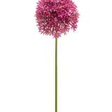De Kunstbloem Mini Allium 60 cm mauve heeft een lange groene steel met daarboven een grote, bolvormige tros van kleine mauve stervormige bloemen, afgebeeld tegen een witte achtergrond.