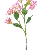 De Kunstbloem Wilde Hortensia 62 cm roze heeft een enkele stengel met verschillende trossen kleine roze en witte bloemen en groene bladeren, geïsoleerd op een witte achtergrond.