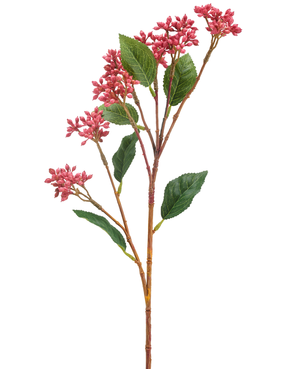 De Kunstbloem Japanse Bes 62 cm donker roze heeft een enkele kunststengel met trosjes kleine donkerroze bloemen en enkele groene bladeren, tegen een witte achtergrond.