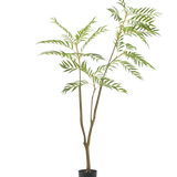 De Kunstplant Mahonia 150 cm is een hoge kunstboom in pot met slanke bruine stammen en lange, smalle groene bladeren, afgebeeld tegen een effen witte achtergrond.