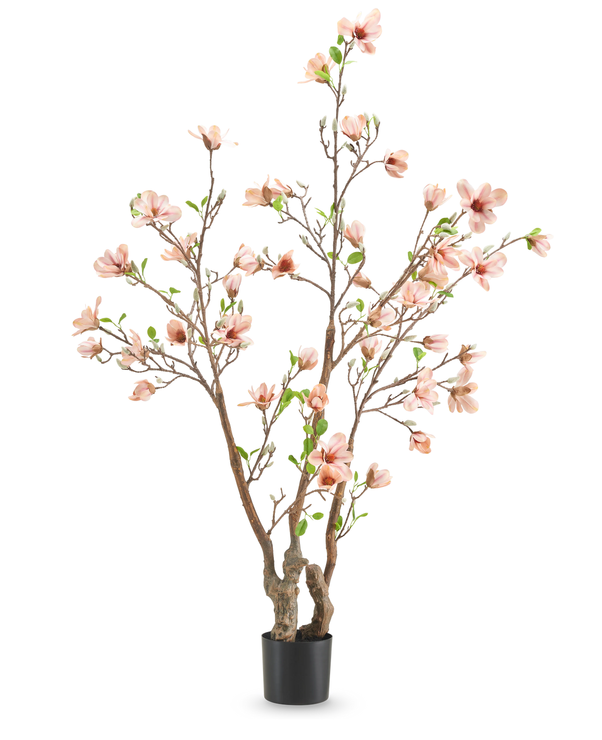 De Kunstplant Magnolia 180 cm is een kunstboom in pot met meerdere takken, lichtroze bloemen en groene bladeren tegen een effen witte achtergrond.