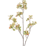 De Kunstbloementak 112 cm groen heeft een slanke, vertakkende stengel met trosjes groene bladeren die lichtroze en crèmekleurig zijn, tegen een effen witte achtergrond.