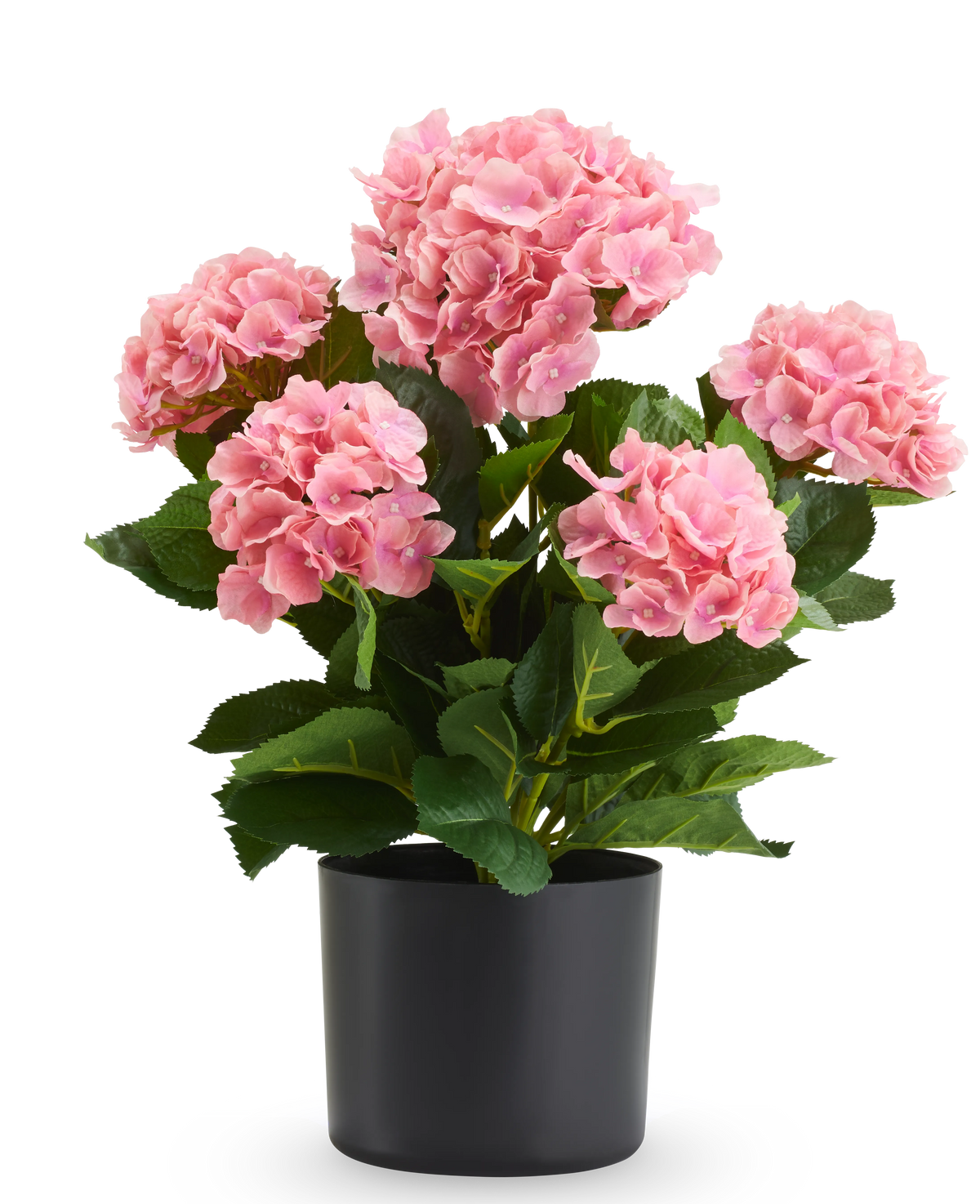 Kunstplant Hortensia UV, 50 cm, lichtroze, in een zwarte pot.