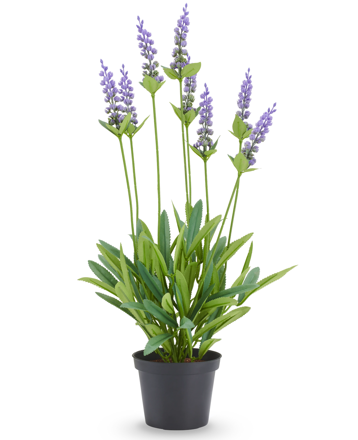 Kunstplant Lavendel 43 cm met paarse bloemtrossen en groene bladeren in een zwarte pot.