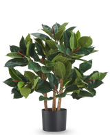 Kunstplant Rubberficus van 75 cm met grote, donkergroene bladeren en kleine rode knoppen in een zwarte pot.