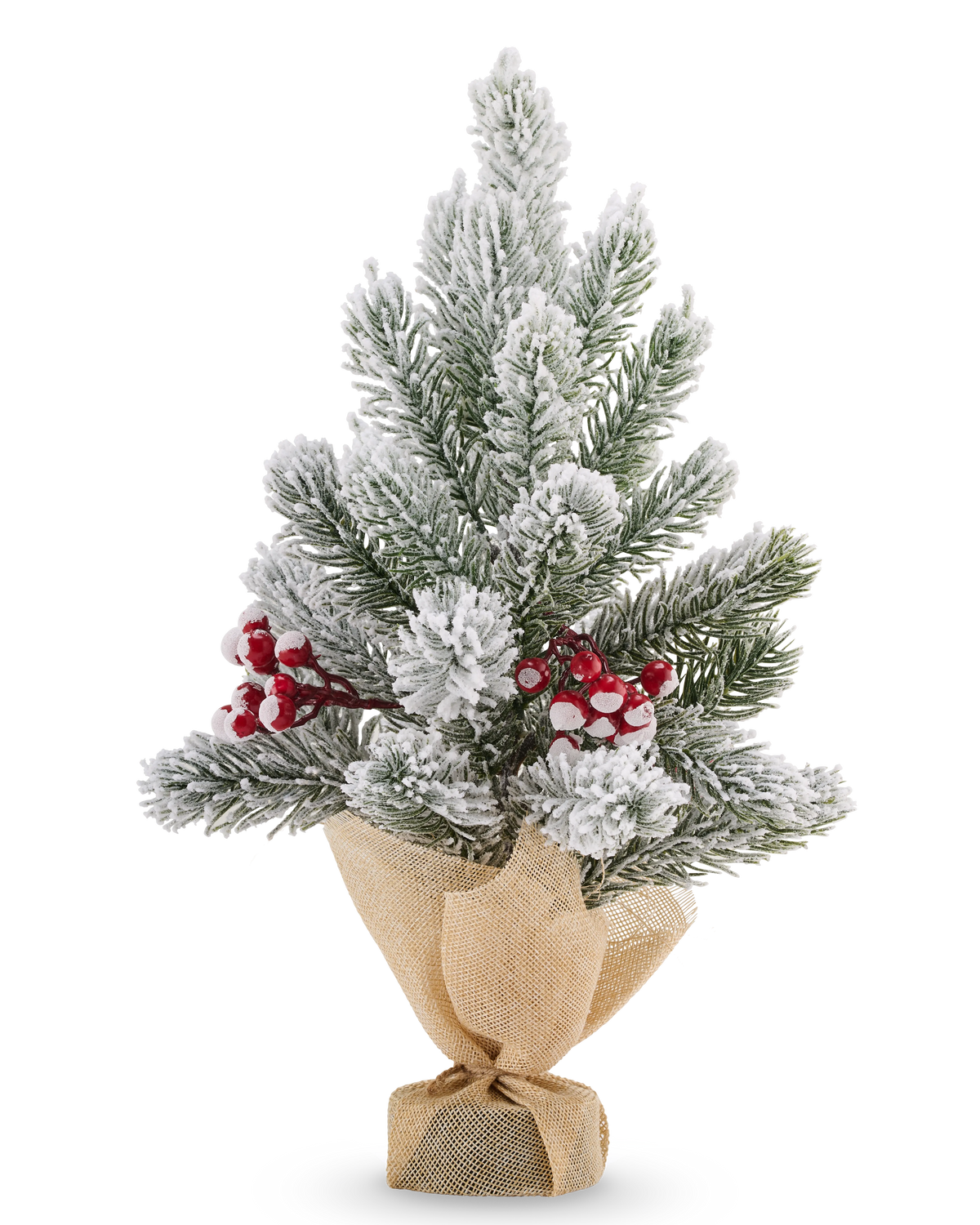 Kleine, met sneeuw bestrooide Kunstkerstboom mini Fjord van 37 cm, versierd met rode bessen en omhuld met een lichtbruine jutevoet.