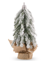 Mini-kunstkerstboom Mustad 29 cm, een klein boompje bedekt met kunstsneeuw en aan de voet omwikkeld met jute.