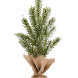 Mini-kunstkerstboom Solstad van 30 cm met besneeuwde takuiteinden, staand in een met jute omwikkelde voet.