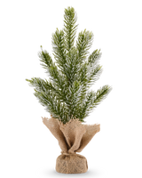 Mini-kunstkerstboom Solstad van 30 cm met besneeuwde takuiteinden, staand in een met jute omwikkelde voet.
