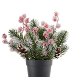 Kunstkerstplant met dennenappels in pot Frost 14 cm, versierd met rood glinsterende bessen, perfect als feestelijk cadeau.