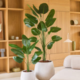 Twee grote tropische potplanten met brede groene bladeren, waaronder de Kunstplant Strelitzia 210 cm real touch, staan op een lichte vloer voor een houten rek in een moderne, minimalistische woonkamer die is ingericht in neutrale tinten. Deze onderhoudsvriendelijke aanwinsten brengen levendig groen in de ruimte zonder dat ze extra verzorging nodig hebben.