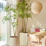 Een lichte kamer met de Kunstplant Mahonia 150 cm, gecombineerd met lichte houten meubels, een ronde papieren lantaarn, doorschijnende gordijnen en zonlicht dat door het raam naar binnen stroomt.