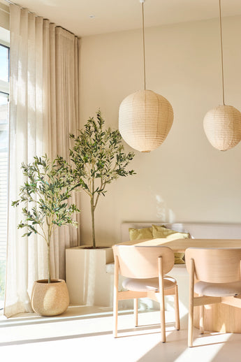 Een lichte, minimalistische eethoek is ingericht met twee stoelen van licht hout, een kleine tafel, papieren lantaarns en de Kunst Olijfboom van 180 cm, die voor een vleugje mediterrane stijl zorgt. Kamerbomen in potten, doorschijnende beige gordijnen en zonlicht dat door de grote ramen naar binnen stroomt, maken deze rustgevende ruimte compleet.