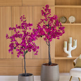 Twee Kunstplant Bougainvillea 150 cm Paars, met levendige roze en paarse bloemen, staan voor een houten wand met planken waarop decoratieve voorwerpen staan uitgestald, naast een lichtgekleurde stoel. Hun realistische kamerplantuitstraling geeft de ruimte een levendig en charmant tintje.