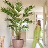 Een kunstplant, een Kentia-palm van 270 cm, staat in een lichte hal terwijl iemand in een groene outfit voorbijloopt; door de beweging lijkt deze persoon enigszins wazig.