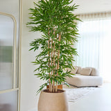 De Kunstplant Bamboe 210 cm staat in een lichte, moderne woonkamer met een beige bank, witte vitrages en een minimalistische inrichting.
