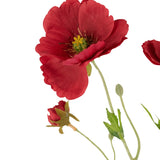 De Kunst Klaproos Real Touch Rood 65cm heeft een levendige rode klaproosbloem met een geel hart, een knop en groene bladeren tegen een witte achtergrond.