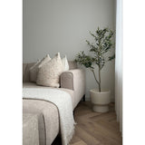 Een moderne woonkamer met een beige sofa, structuurkussens, een witte deken met franjes en een Kunst Olijfboom 120 cm als decoratief element naast een raam met witte gordijnen op een lichte vloer met visgraatmotief.