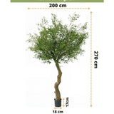 Kunst Olijfboom 270 cm zonder olijven in pot, totaal 270 cm hoog en 200 cm breed. Pot is geschikt voor sierpotten, hoogte 17 cm, diameter 18 cm. Nederlandse tekst boven/onder toont maten en branding.