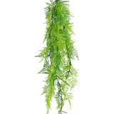 De Kunst hangplant Asparagus UV 80 cm is een kunstvaren met vederlichte groene bladeren die naar beneden vallen, tegen een witte achtergrond.