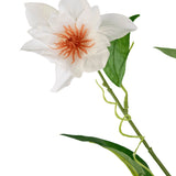 De Kunstclematis Real Touch Wit 88cm heeft een enkele witte bloem met oranje meeldraden en groene bladeren op een dunne steel, geïsoleerd op een witte achtergrond.
