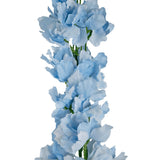 De Kunstdelphinium Real Touch Blauw 90cm is een verticale guirlande van zachte, lichtblauwe kunstbloemen met ruches op een groene steel, tegen een witte achtergrond.