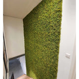 Een trap met houten treden loopt langs een groene muur bekleed met Kunsthaag Nordic Mos 50x50 cm UV, en voegt een natuurlijk, gestructureerd element toe aan de witte muren en het moderne, minimalistische luxe interieur van de ruimte.