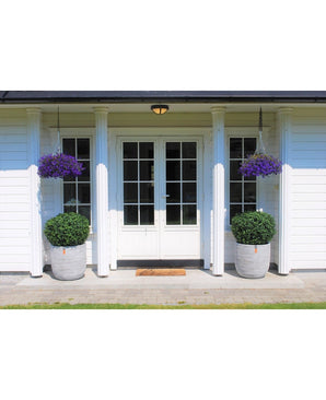 Witte dubbele deuren met glazen ruiten worden geflankeerd door vier witte zuilen. Aan weerszijden van de ingang staat een Kunst Buxus op stam d60 cm, en daarboven hangen hanging baskets met paarse bloemen. Voor de deur ligt een bruine deurmat.