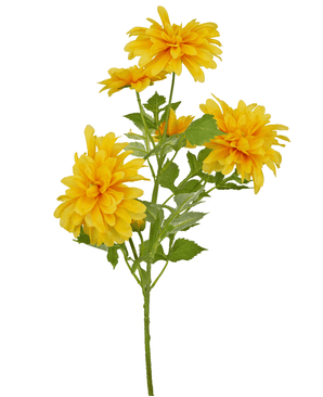 Een enkele kunstmatige oranje Dahlia (Kunstbloem Dahlia 60 cm) met groene bladeren op een witte achtergrond.