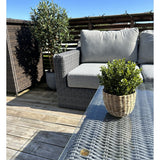 Een patio met een grijze rieten bank en tafel, met een Kunstplant Buxus groen in pot UV 19 cm op tafel en een grotere potplant naast de bank, alles onder een strakblauwe hemel.