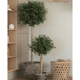 Twee Kunst olijfbomen UV 150 cm in pot met rond groen gebladerte staan naast een gevlochten mand en houten plank in een licht, modern interieur.