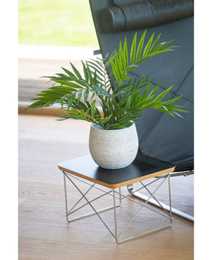 Een Kunstpalm Parlour 60 cm in een grijze pot met structuur staat op een moderne zwarte tafel met een lichte houten rand en metalen draadpoten, naast een zwarte loungestoel op een houten vloer.