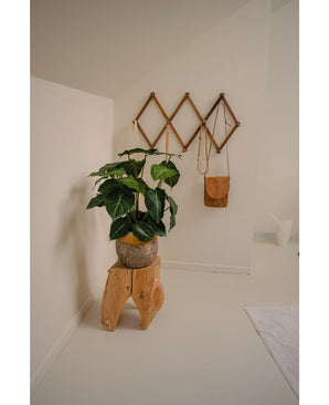 Een Kunstplant Syngonium 58 cm voegt groen toe op een houten kruk in een minimalistische kamer met witte muren. Een bruin wandrek toont een tan leren tas en een hangend item, terwijl een witte vaas de achtergrond accentueert.