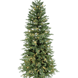 De Kunstkerstboom Slim "Undset" 100% PE - Smart LED heeft echt aanraakbladeren, ingebouwde warmwitte lampjes en een zwarte metalen standaard, afgebeeld tegen een effen witte achtergrond.