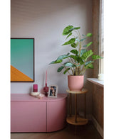 Een moderne woonkamerhoek met een roze dressoir, kaarsen, geometrische muurkunst, een ingelijste foto en de Kunstplant Appelblad 90 cm-een grote bladplant in een roze pot op een kleine houten standaard bij het raam.