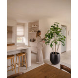 Een vrouw in neutrale kleding staat in een moderne, minimalistische keuken en raakt de bladeren van de Kunstplant Ficus van 210 cm aan. Zonlicht benadrukt de strakke lijnen en aardetinten van de ruimte.