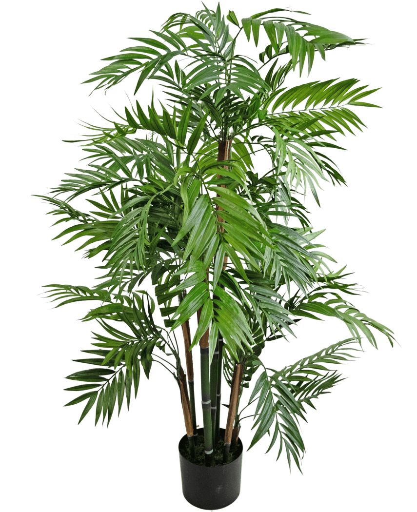 De Kunstplant Parlour 120 cm is een hoge palm in pot met lange, slanke groene bladeren en verschillende bruine stelen, afgebeeld tegen een effen witte achtergrond.