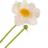 Een Kunstrozenkraag Real Touch Wit/roze 50cm heeft een enkele lichtroze en witte bloem met een geel hart, groene steel en een gesloten knop, allemaal geïsoleerd op een witte achtergrond.