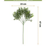 Kunsttak Buxus 47 cm UV brandvertragend, 23 cm breed, met groene kunststof blaadjes op meerdere takken. Specificaties en afmetingen in het Nederlands, met EasyPlants branding onderaan.