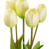 Het Kunsttulpenboeket Real Touch Groen/wit 40cm heeft zes lichtgele tulpen met groene accenten en lange groene stelen, rechtopstaand tegen een witte achtergrond met groene bladeren aan de basis.
